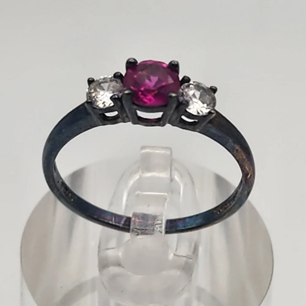 Stauer Blackened Sterling Silver Pink Ruby & Clear Cubic Zirconia Ring (7.25)